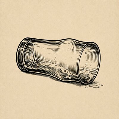 Empty tipped-over pint glass, woodcut style