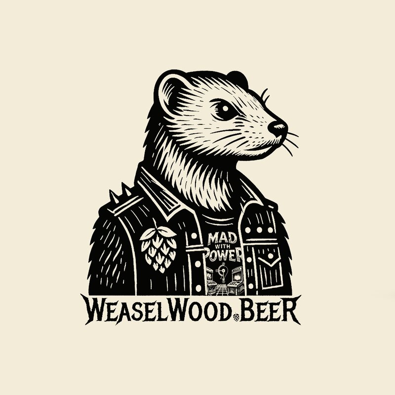 Weaselwood MWP logo — traditional sepia woodcut style